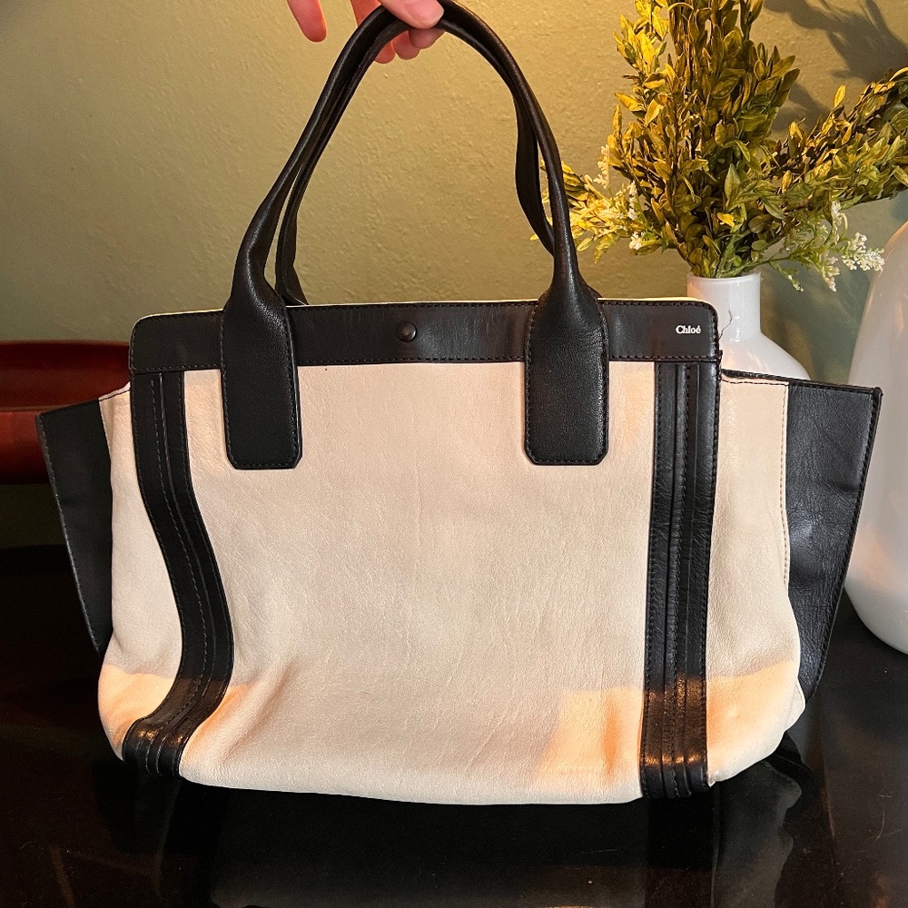 Chloe Womens Vintage Alison Leather Color Block Tote Handbag Black Ivory